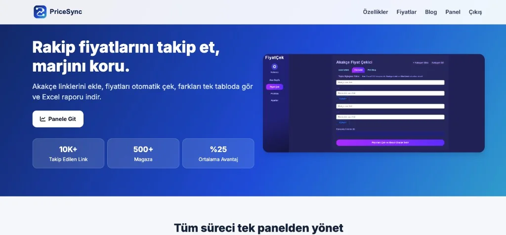PriceSync ana ekranı: rakip fiyat takibi ve marj koruma odaklı kontrol paneli