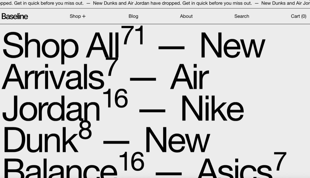 Shopify Baseline teması örnek vitrin — büyük tipografi ile kategori gezintisi