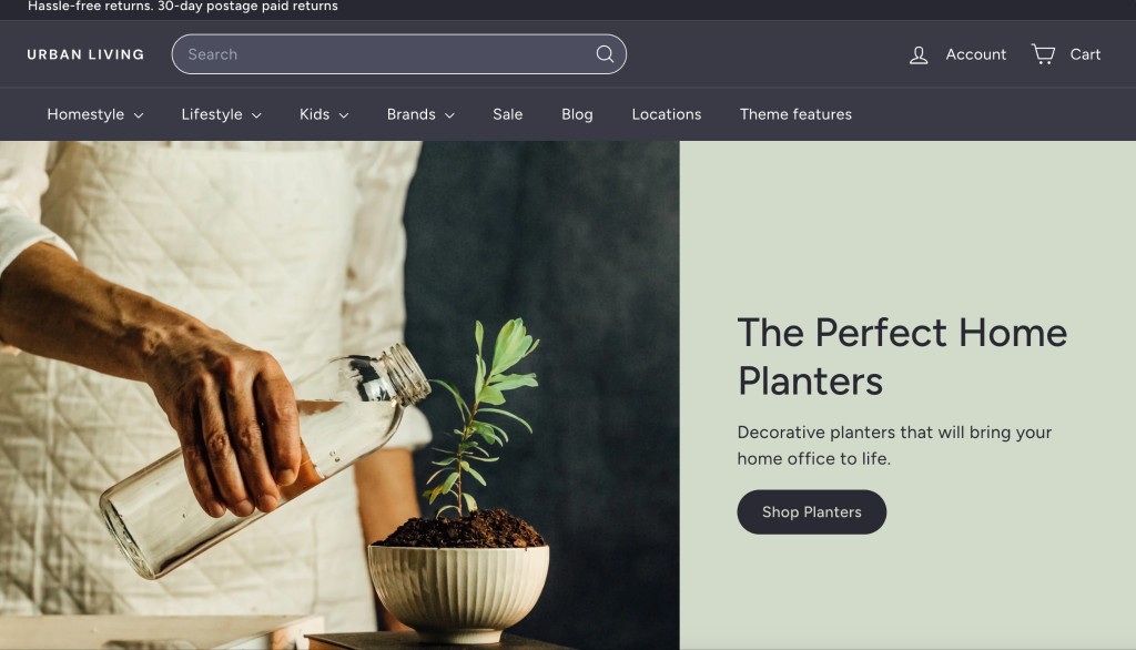 Shopify Expanse teması örnek vitrin — ortalanmış arama, yaşam tarzı split hero