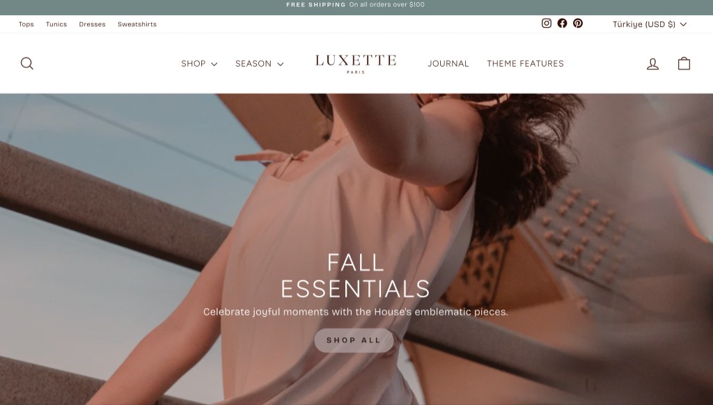 Shopify Impulse teması örnek vitrin — ücretsiz kargo duyurusu, çok katmanlı menü ve hero