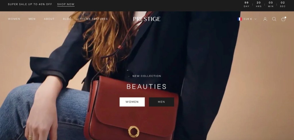 Shopify Prestige teması örnek vitrin — üst duyuru çubuğu, şeffaf menü ve büyük hero görseli