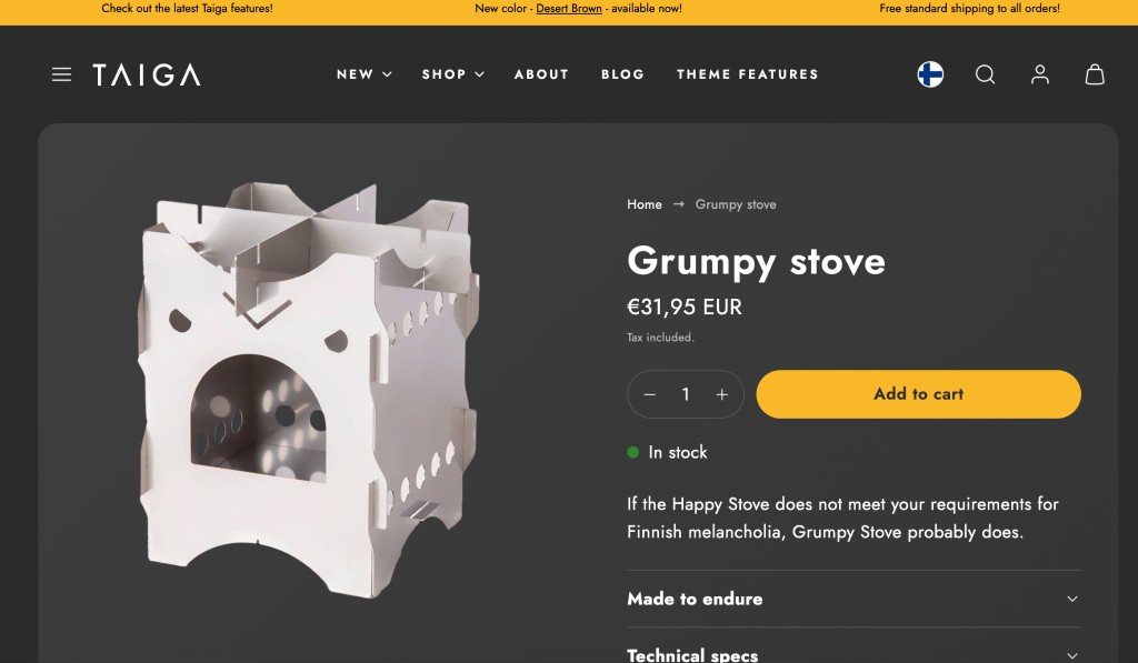 Shopify Taiga teması örnek ürün sayfası — koyu arka plan ve sarı Sepete ekle butonu