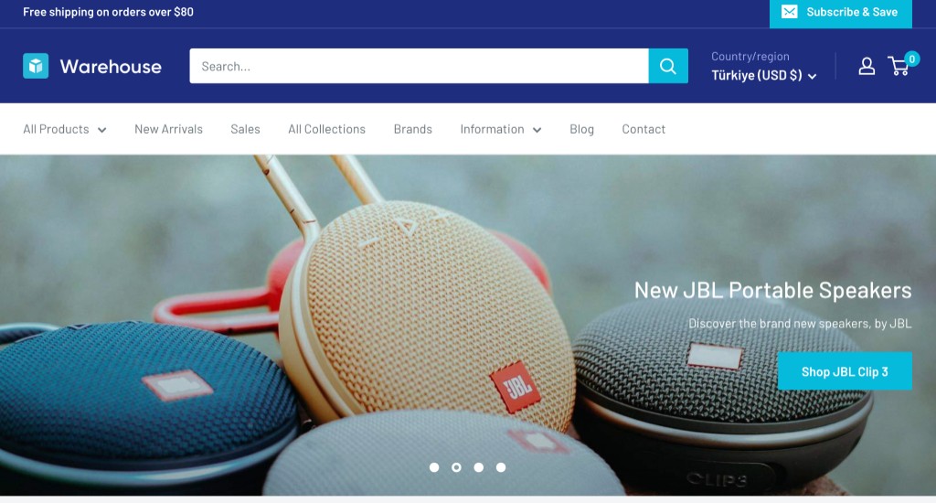 Shopify Warehouse teması örnek vitrin — koyu header, büyük arama ve ürün hero