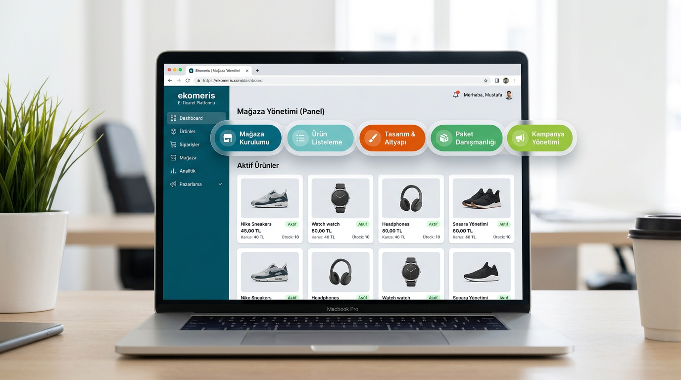 E-ticaret mağaza kurulumu, ürün listeleme, tasarım ve altyapı hizmetleri görseli - e-ciro danışmanlık